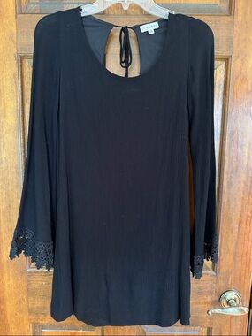 GUESS Black Long-Sleeve Mini Dress with Lace Trim Cuffs, XS